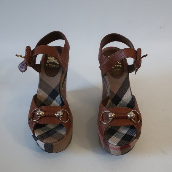 Authentic Burberry Brown Leather Nova Check Plaid Platform Wedge Heel 37 US/7 - Picture 4 of 13